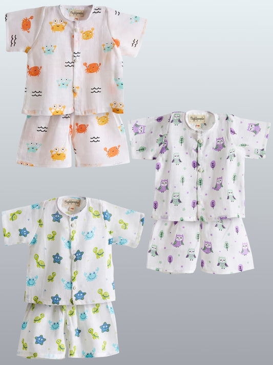 Biglilpeople Infant Muslin Shirt & Shorts Crab, Turtle and Owl Print - Pack of 3
