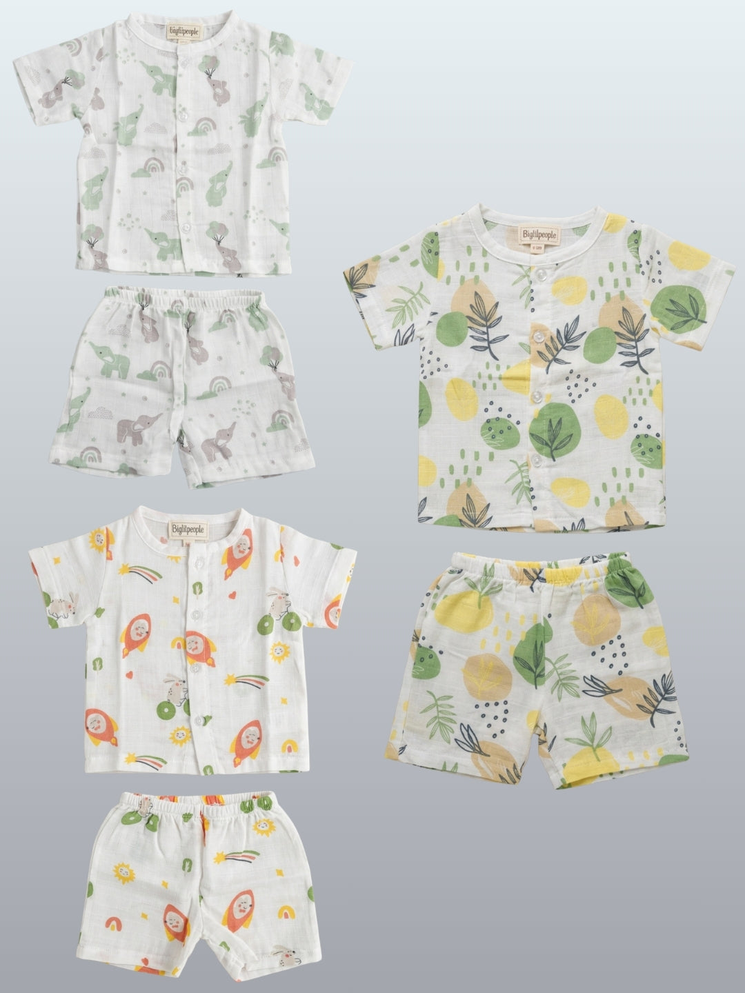 Biglilpeople Infant Muslin Shirt & Shorts Elephant, Rocket and Flower Print - Pack of 3