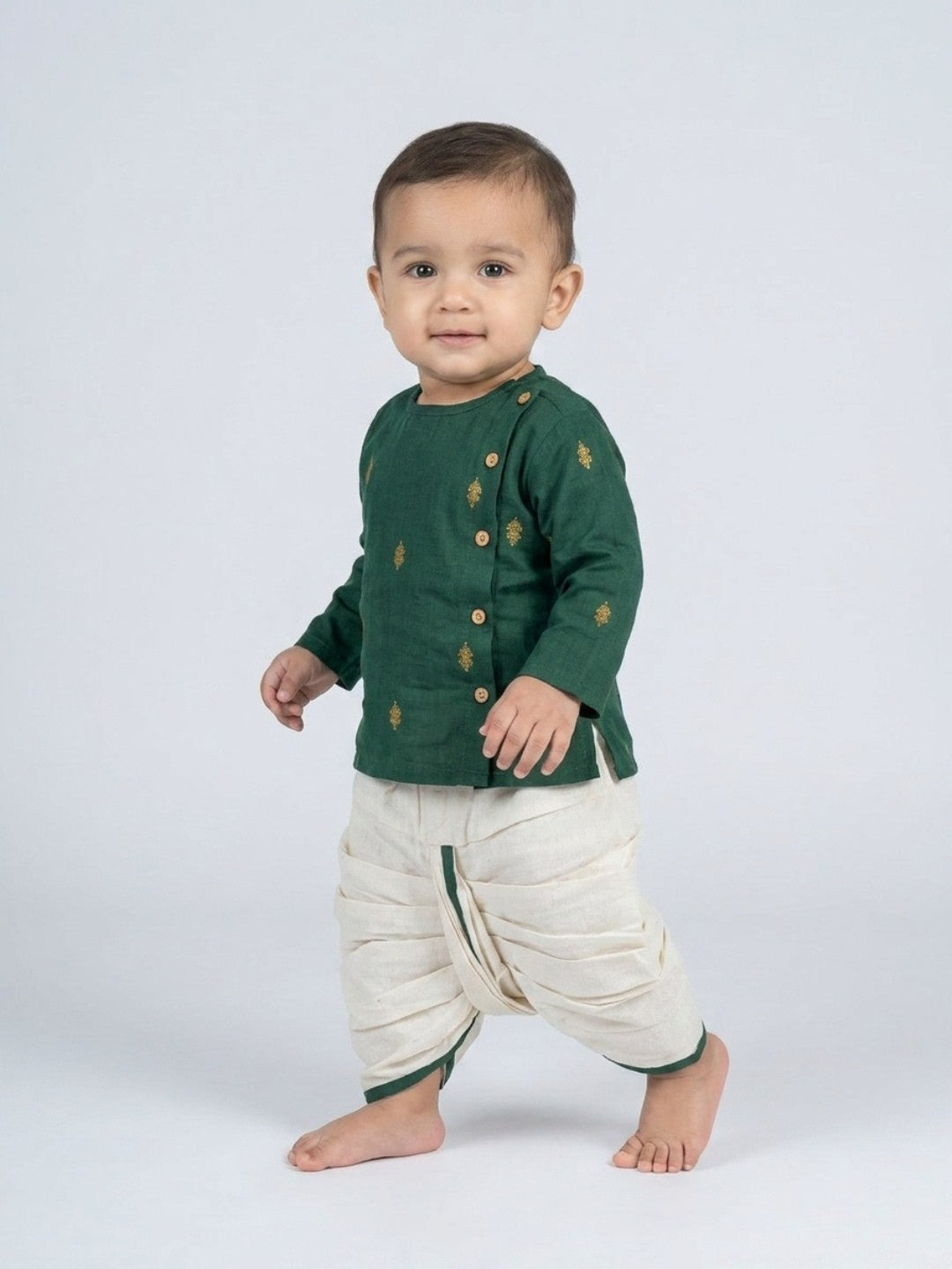 Infants round neck Green color cotton dhoti kurta set with side button closure