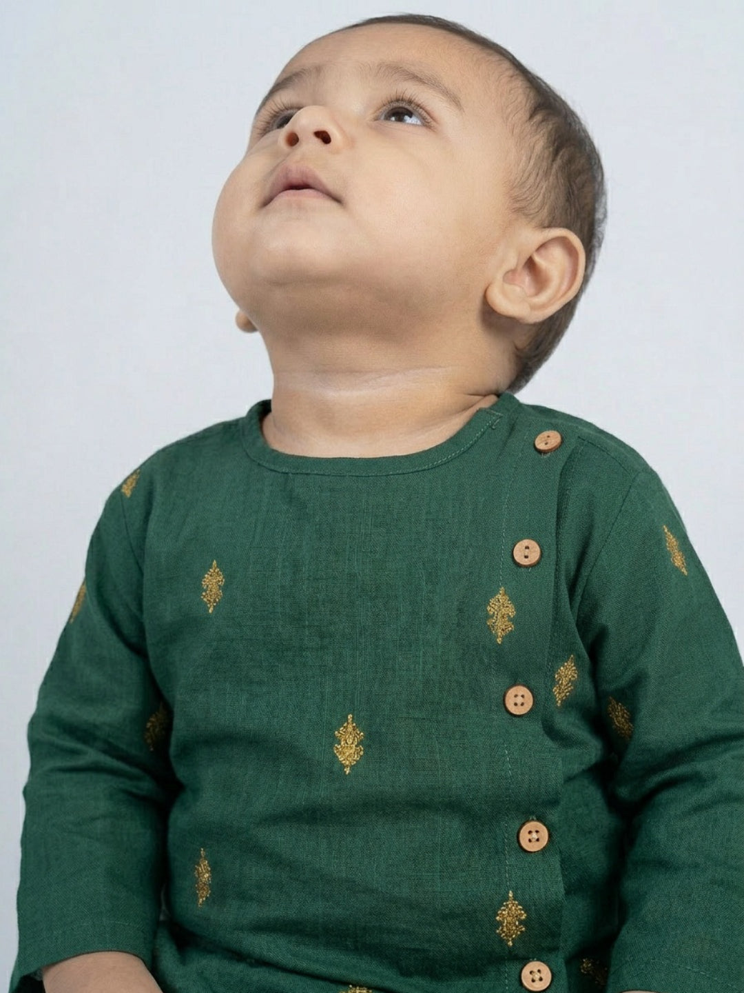 Infants round neck Green color cotton dhoti kurta set with side button closure