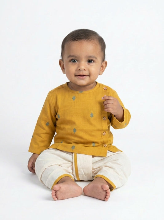 Infants round neck Mustard color cotton dhoti kurta set with side button closure