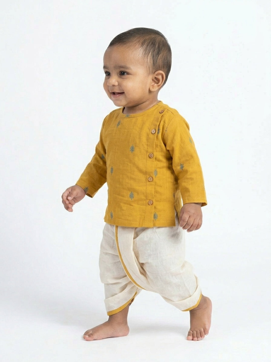 Infants round neck Mustard color cotton dhoti kurta set with side button closure