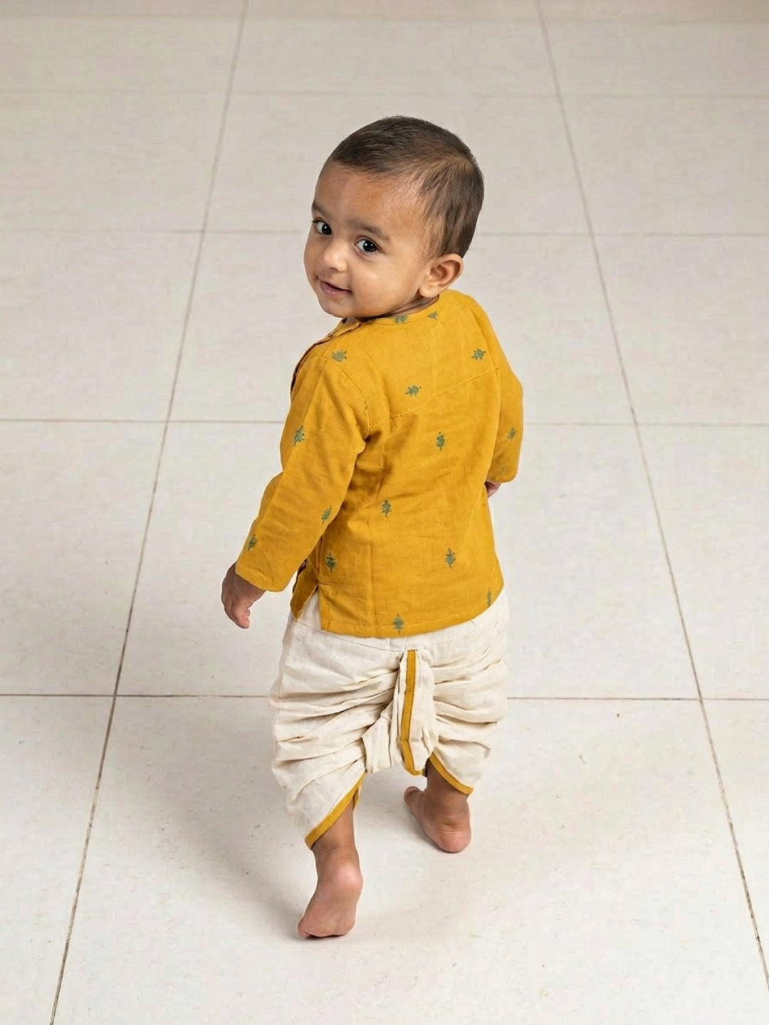 Infants round neck Mustard color cotton dhoti kurta set with side button closure