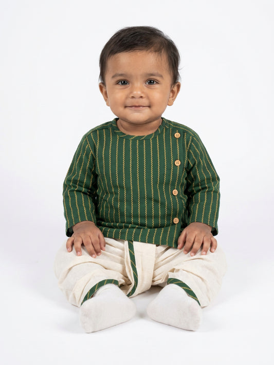 Infants round neck Vertical stripe design Green color cotton dhoti kurta set with side button closure