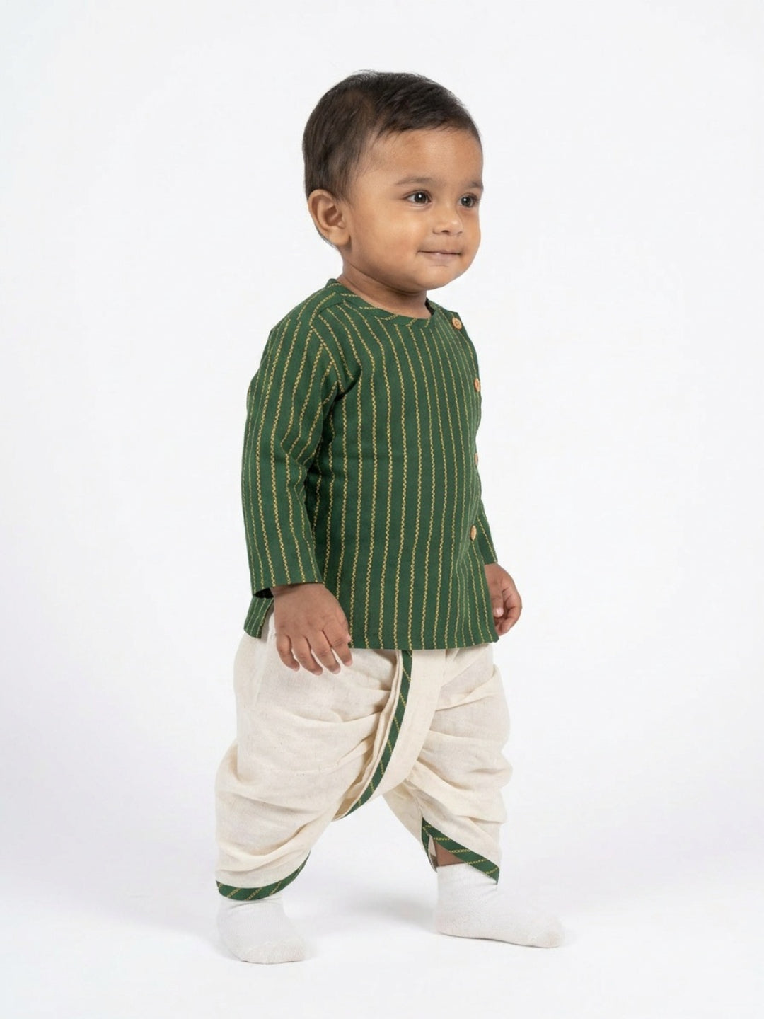Infants round neck Vertical stripe design Green color cotton dhoti kurta set with side button closure