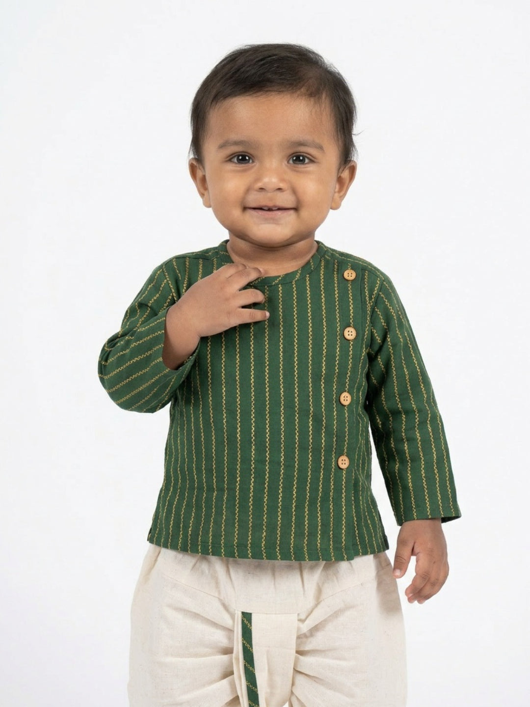 Infants round neck Vertical stripe design Green color cotton dhoti kurta set with side button closure
