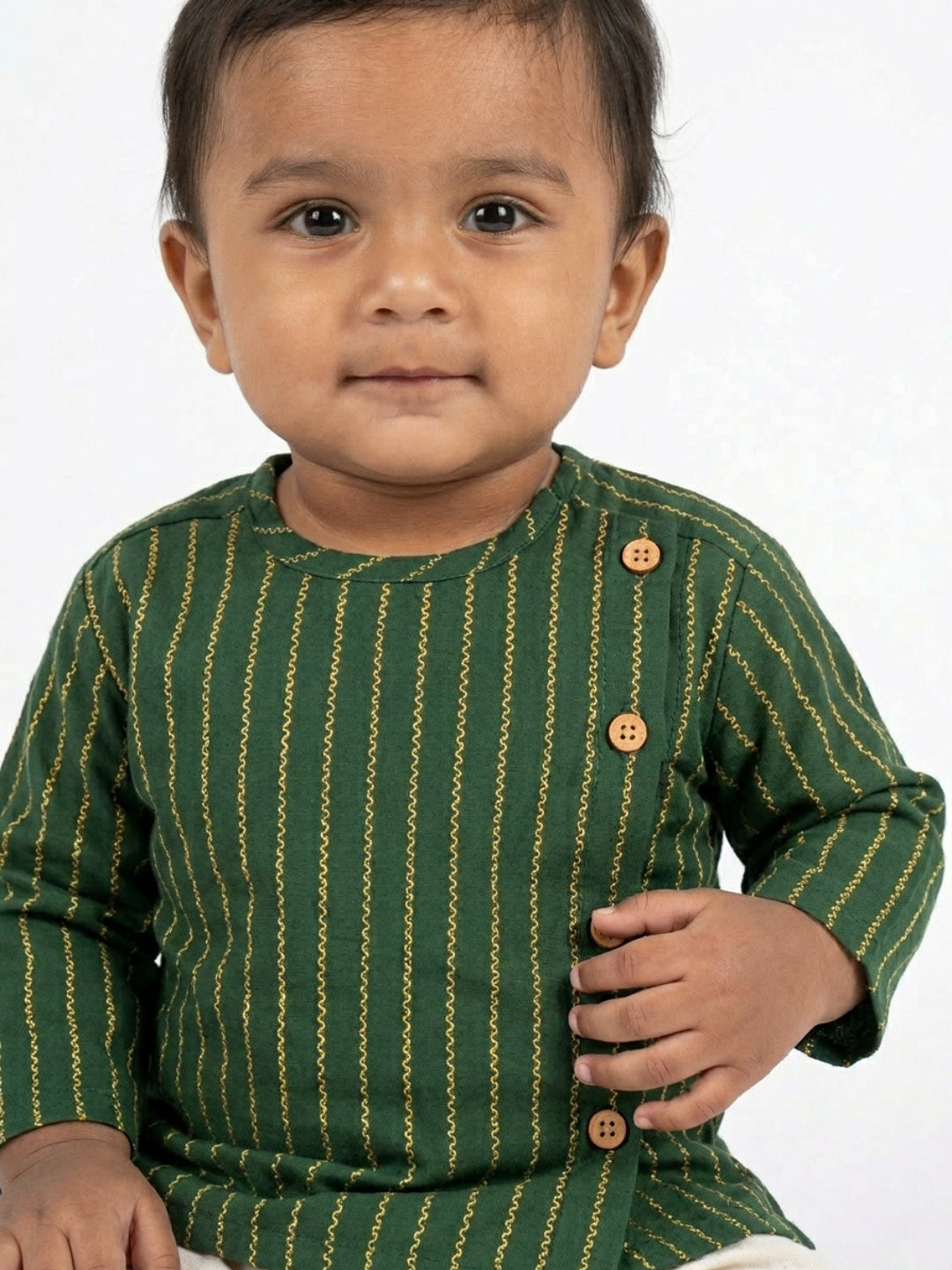 Infants round neck Vertical stripe design Green color cotton dhoti kurta set with side button closure