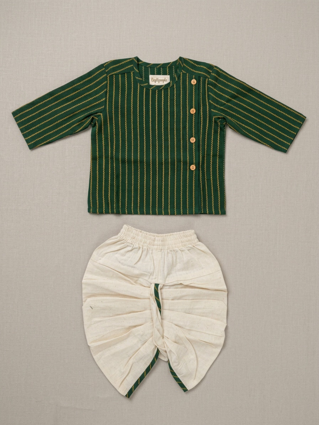 Infants round neck Vertical stripe design Green color cotton dhoti kurta set with side button closure