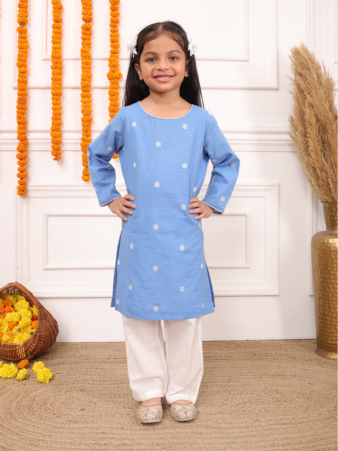 Biglilpeople Girls Woven Polka Dot Round Neck Long Sleeves Kurta Set