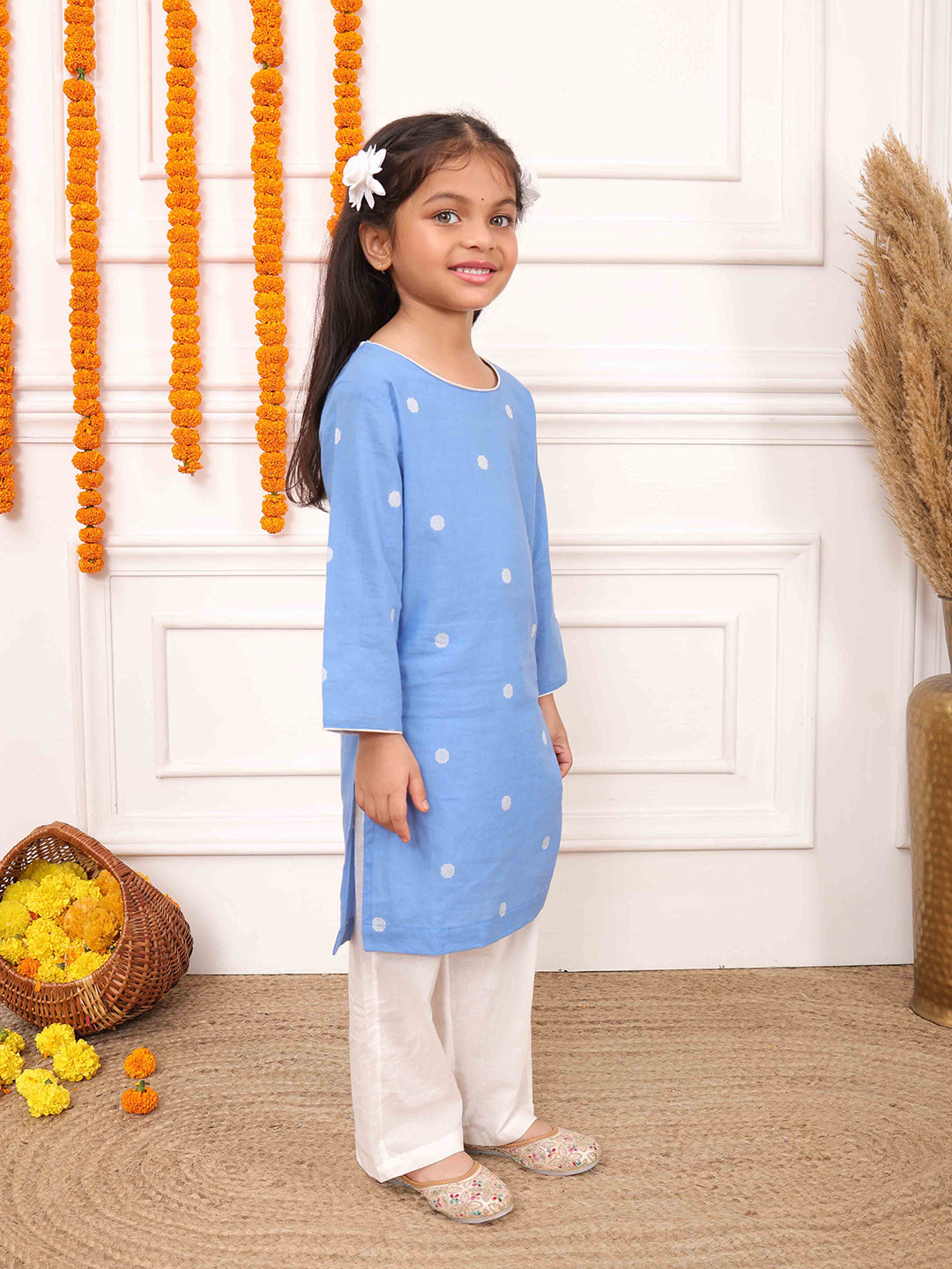 Biglilpeople Girls Woven Polka Dot Round Neck Long Sleeves Kurta Set