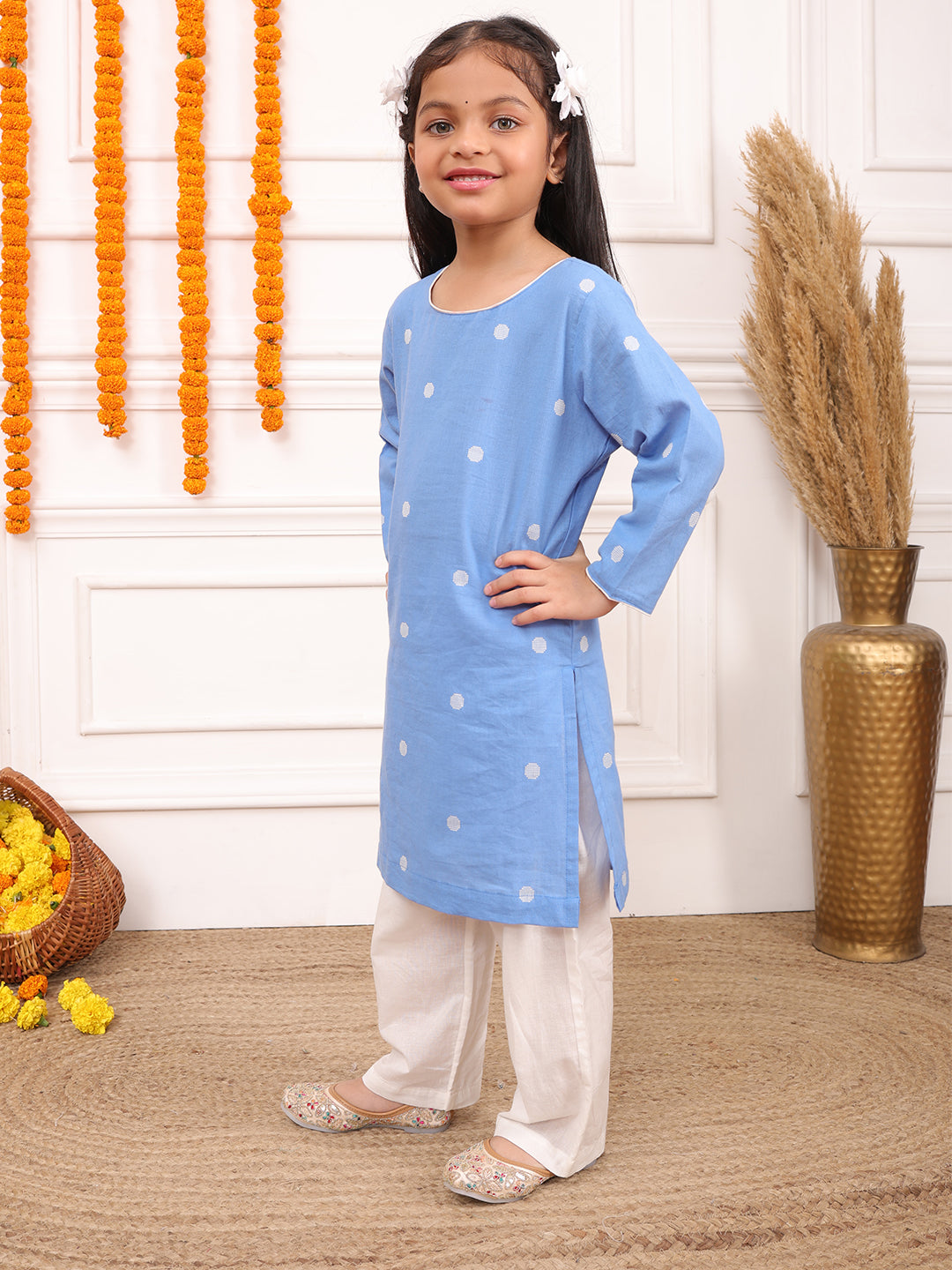 Biglilpeople Girls Woven Polka Dot Round Neck Long Sleeves Kurta Set