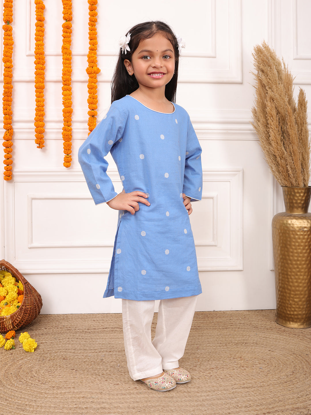 Biglilpeople Girls Woven Polka Dot Round Neck Long Sleeves Kurta Set