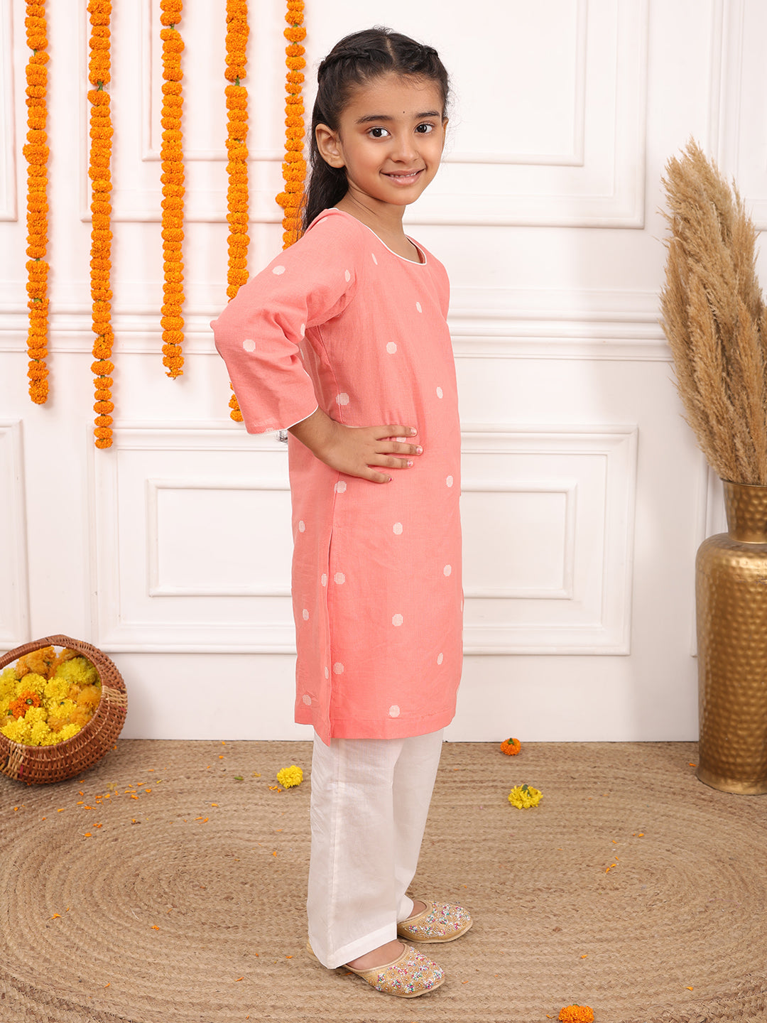 Biglilpeople Girls Woven Polka Dot Round Neck 3/4th Sleeves Kurta Set