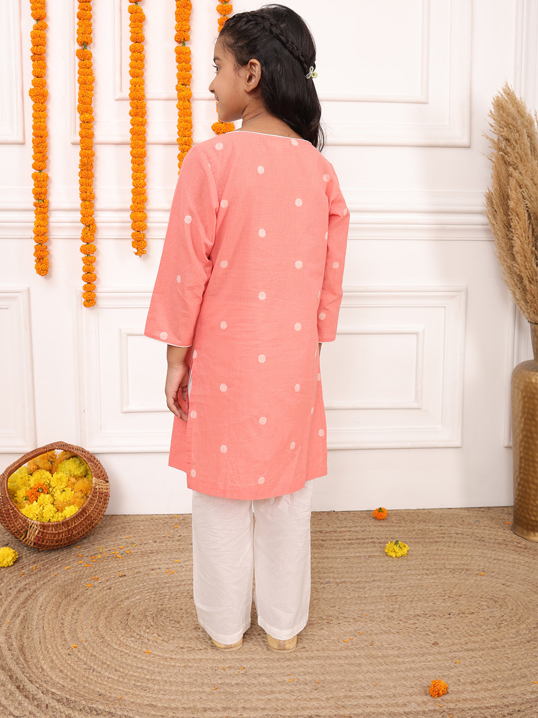 Biglilpeople Girls Woven Polka Dot Round Neck 3/4th Sleeves Kurta Set