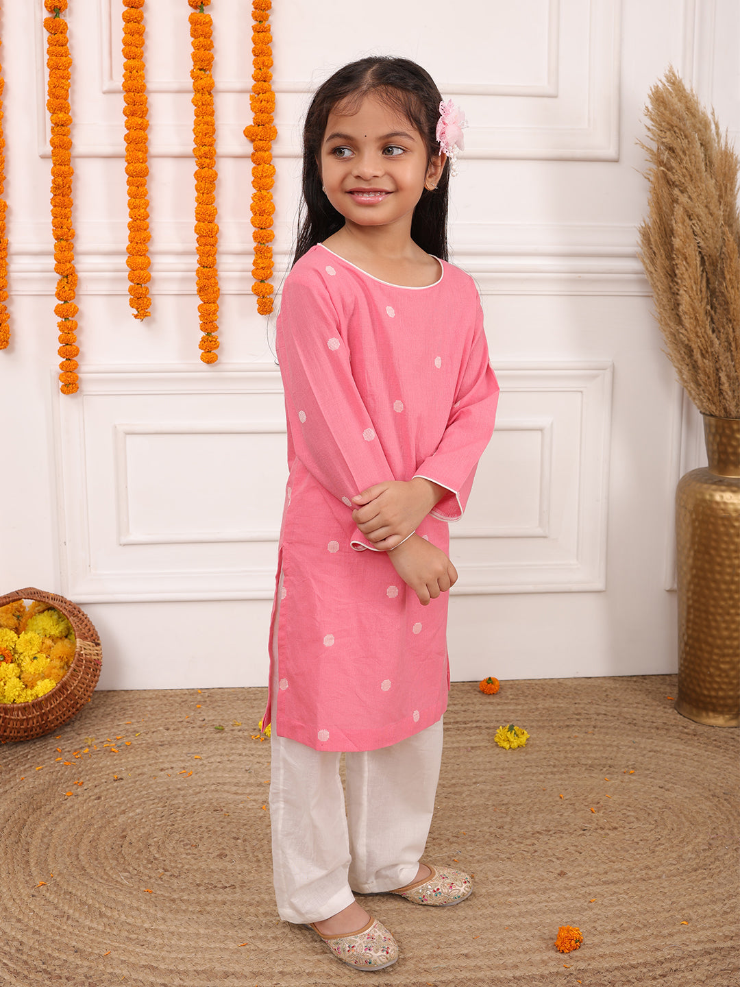 Biglilpeople Girls Woven Polka Dot Round Neck Long Sleeves Kurta Set