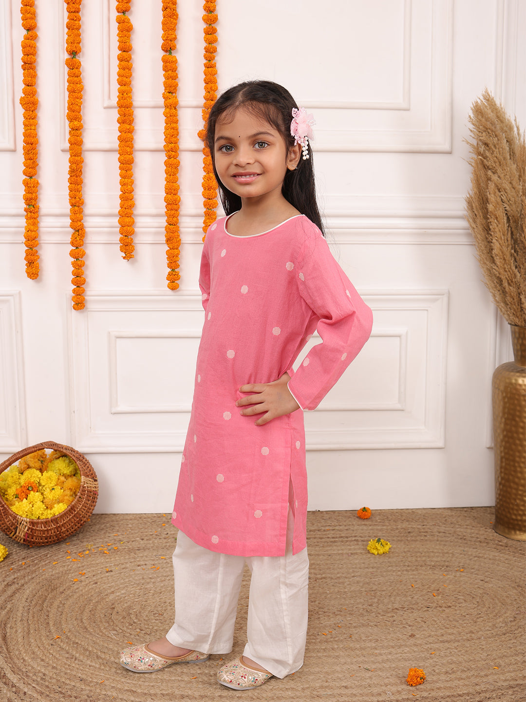 Biglilpeople Girls Woven Polka Dot Round Neck Long Sleeves Kurta Set