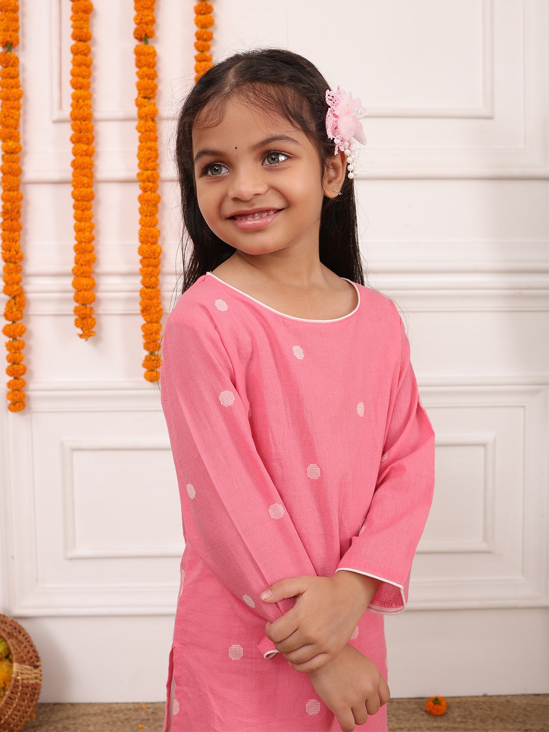 Biglilpeople Girls Woven Polka Dot Round Neck Long Sleeves Kurta Set