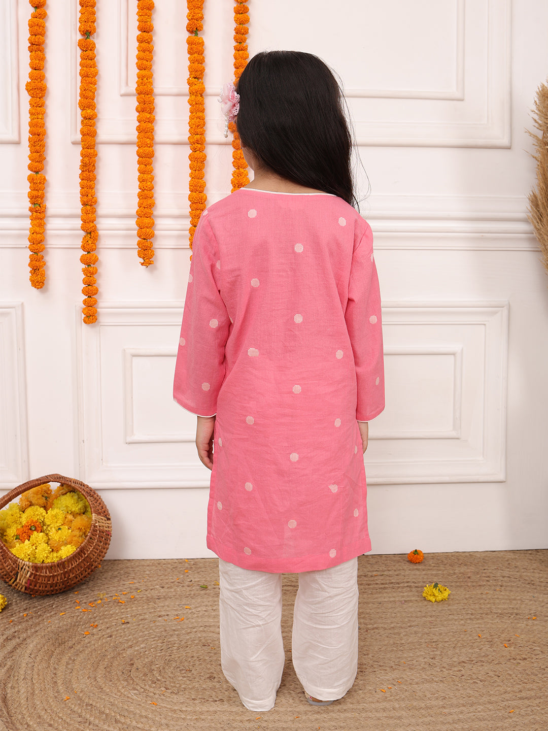 Biglilpeople Girls Woven Polka Dot Round Neck Long Sleeves Kurta Set