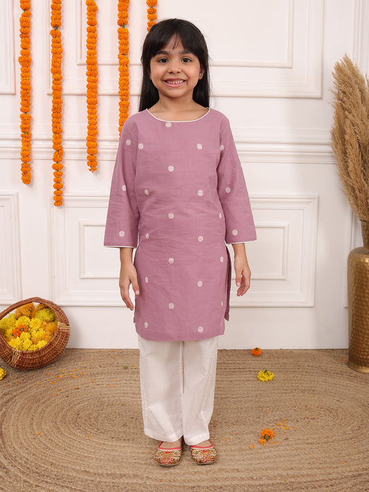 Biglilpeople Girls Woven Polka Dot Round Neck 3/4th Sleeves Kurta Set