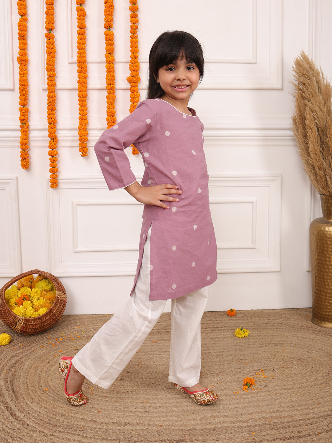 Biglilpeople Girls Woven Polka Dot Round Neck 3/4th Sleeves Kurta Set