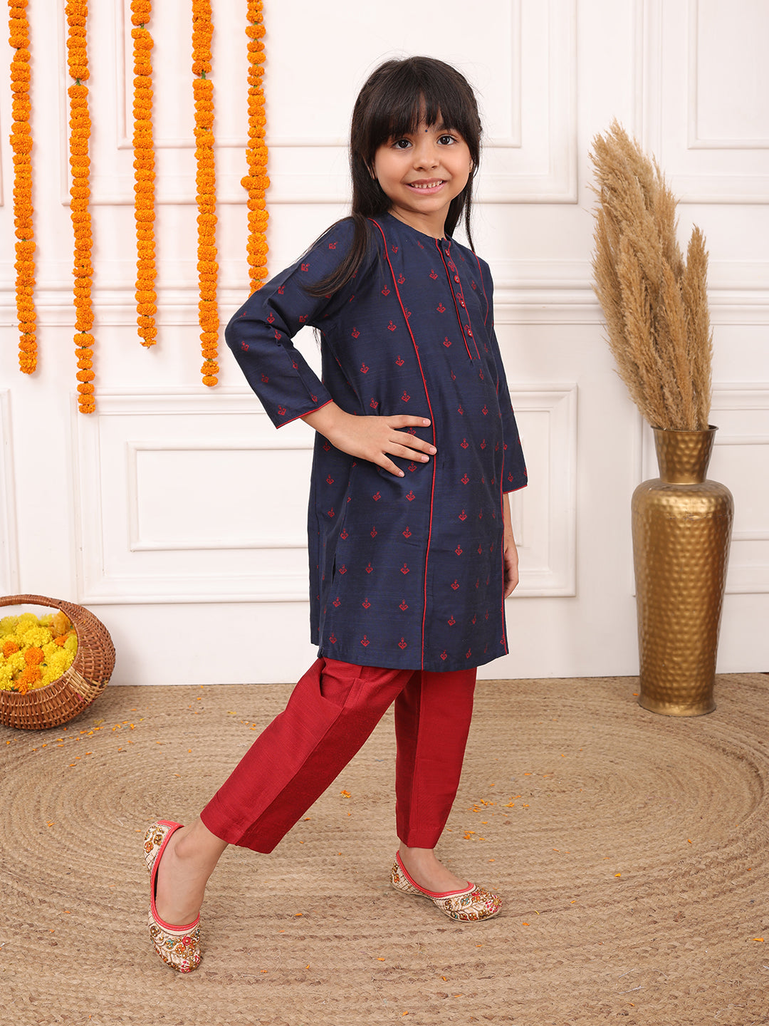 Biglilpeople Girls Woven Geometric Round Neck 3/4th Sleeves 4 Kali Kurta Set