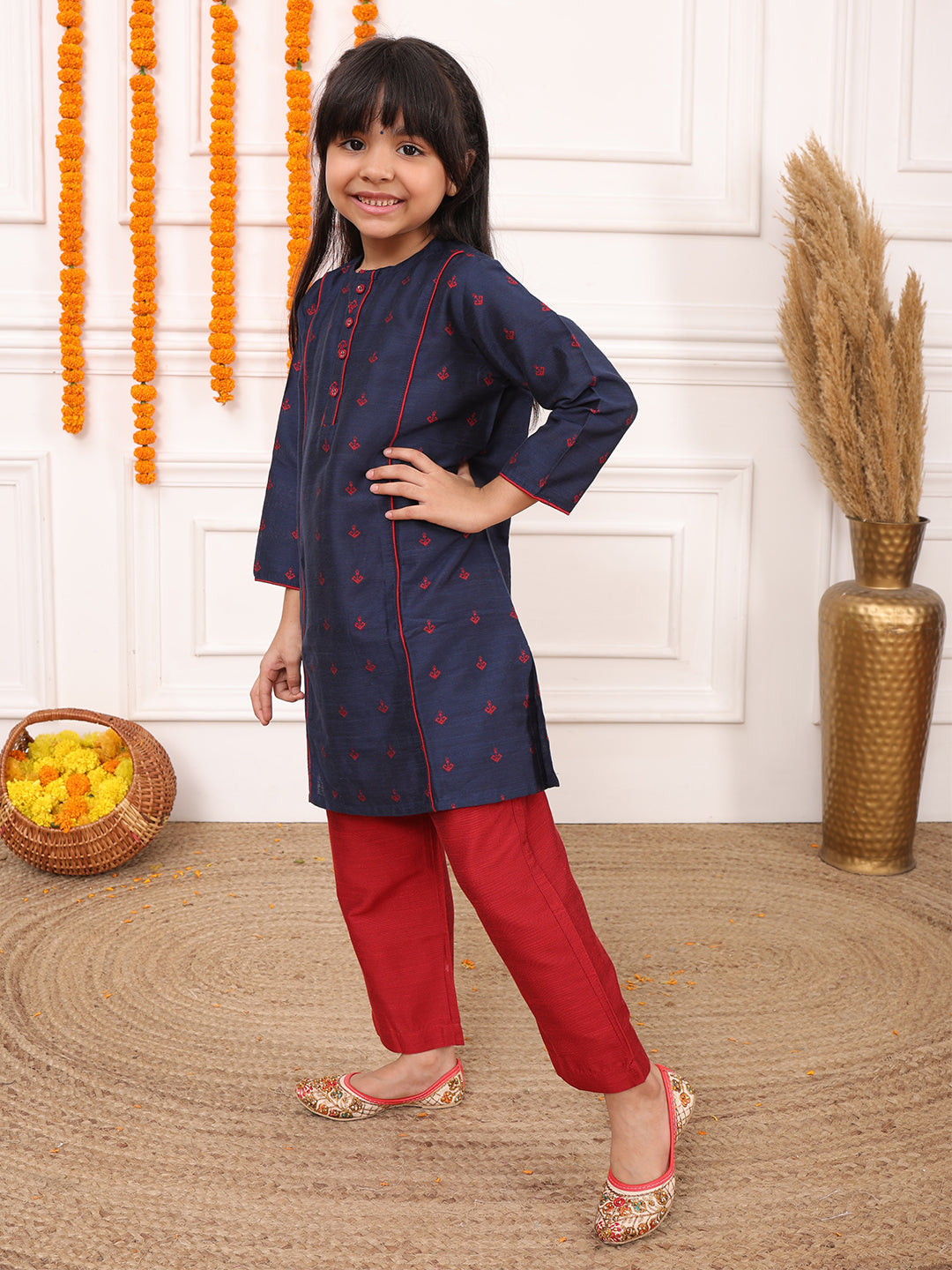 Biglilpeople Girls Woven Geometric Round Neck 3/4th Sleeves 4 Kali Kurta Set