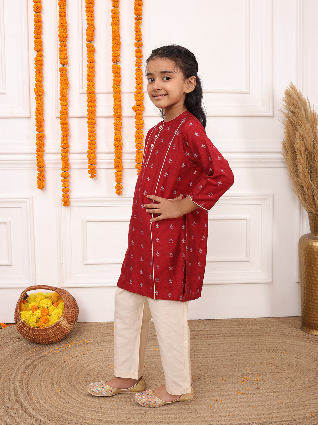 Biglilpeople Girls Woven Geometric Round Neck 3/4th Sleeves 4 Kali Kurta Set