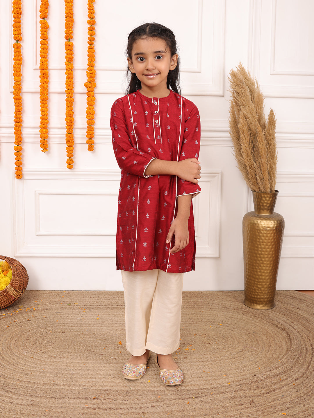 Biglilpeople Girls Woven Geometric Round Neck 3/4th Sleeves 4 Kali Kurta Set
