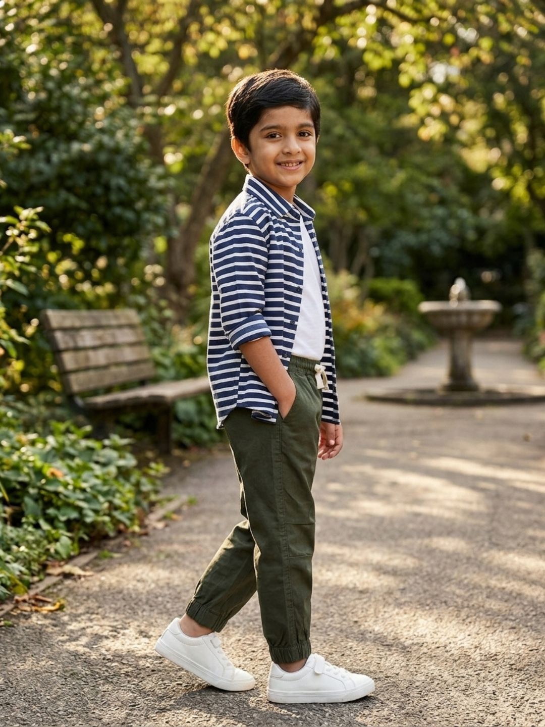 Boys Olive Color Cotton Woven Joggers