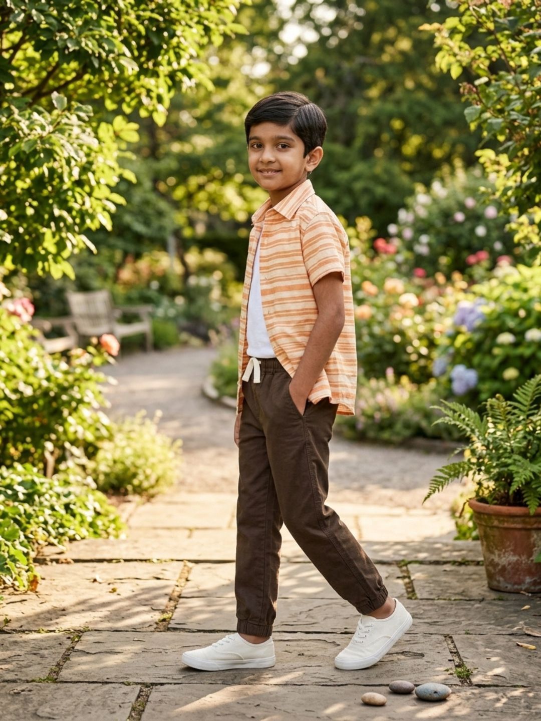 Boys Khaki Color Cotton Woven Joggers