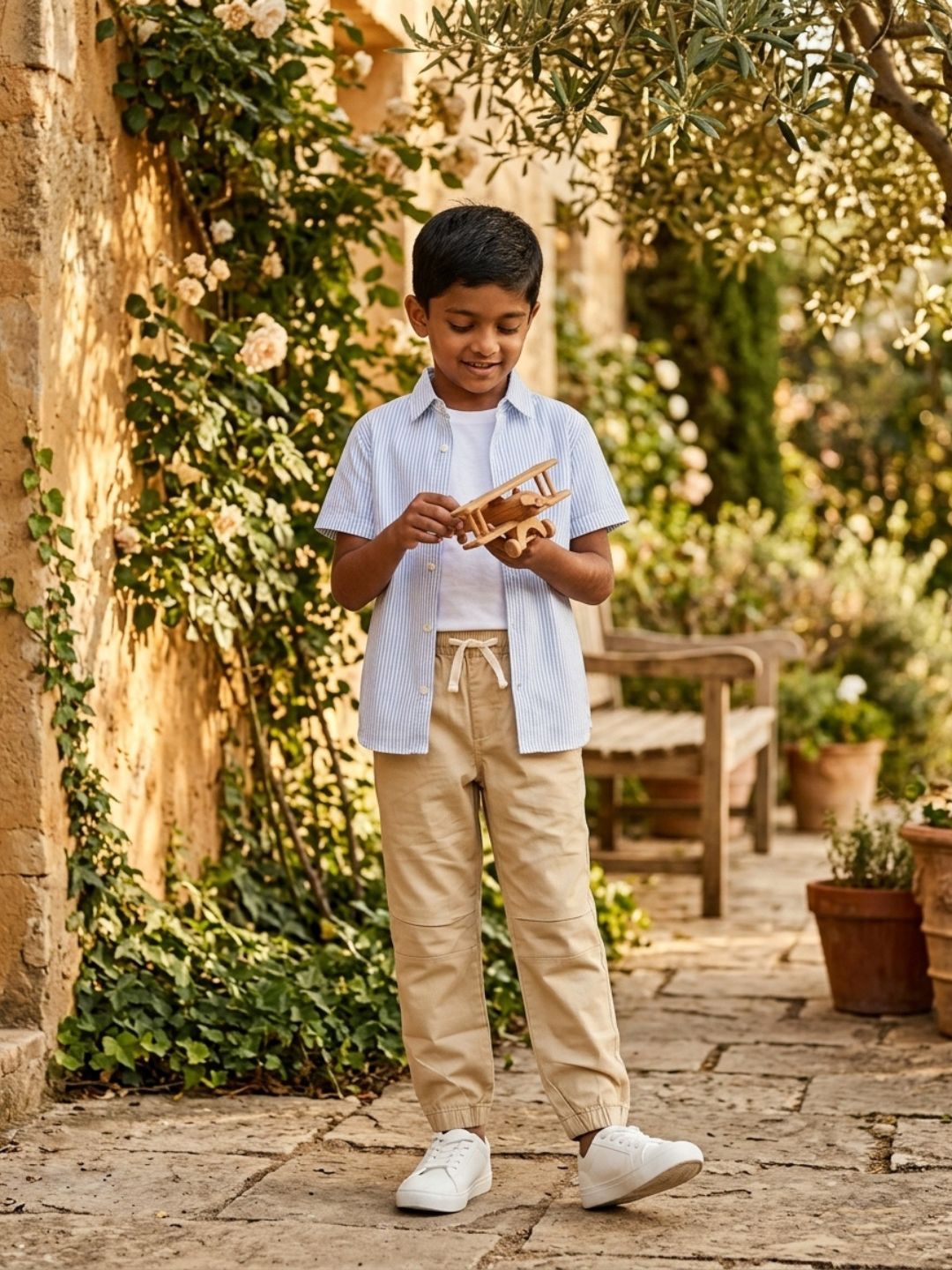 Boys Beige Color Cotton Woven Joggers