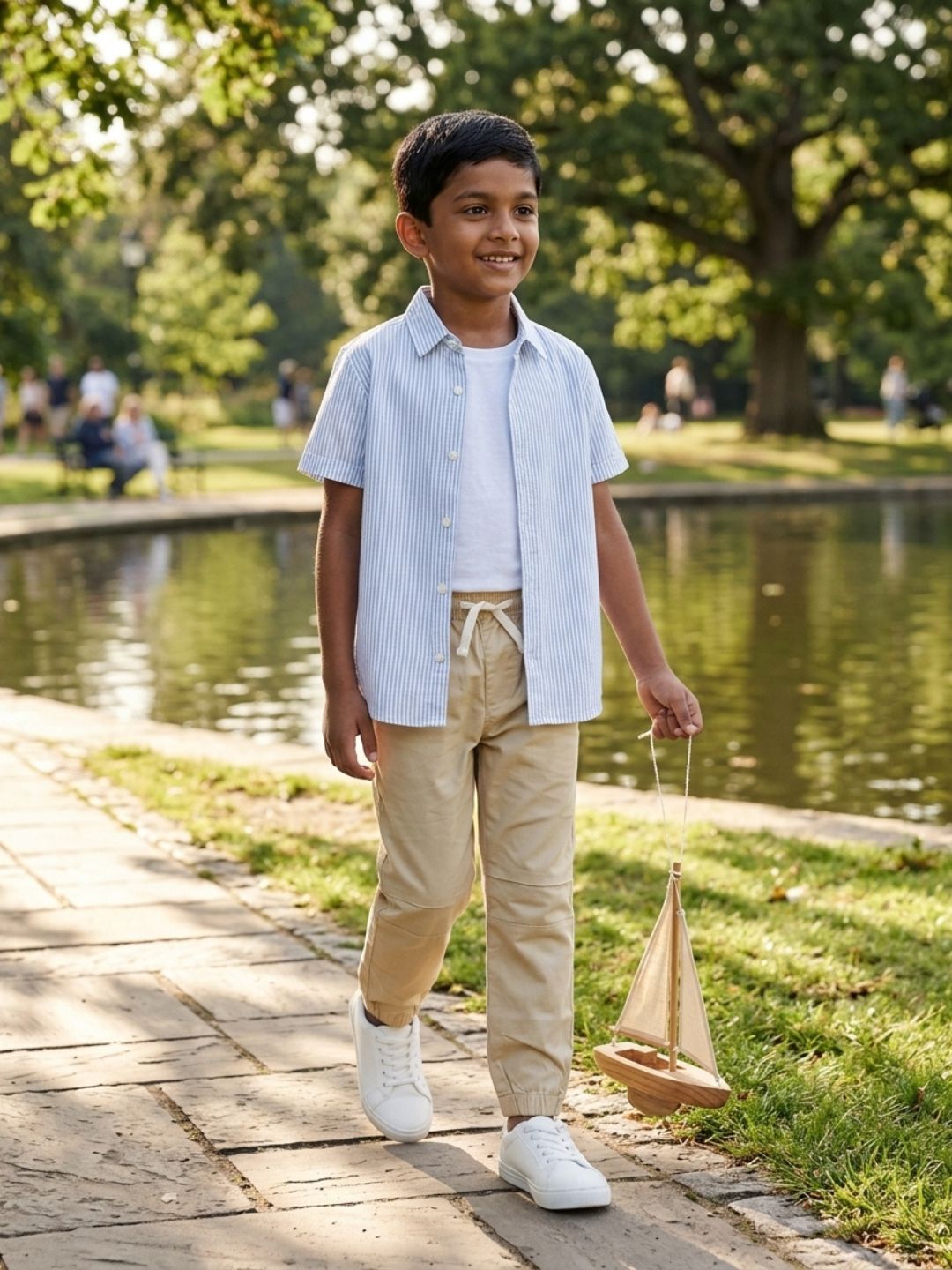 Boys Beige Color Cotton Woven Joggers