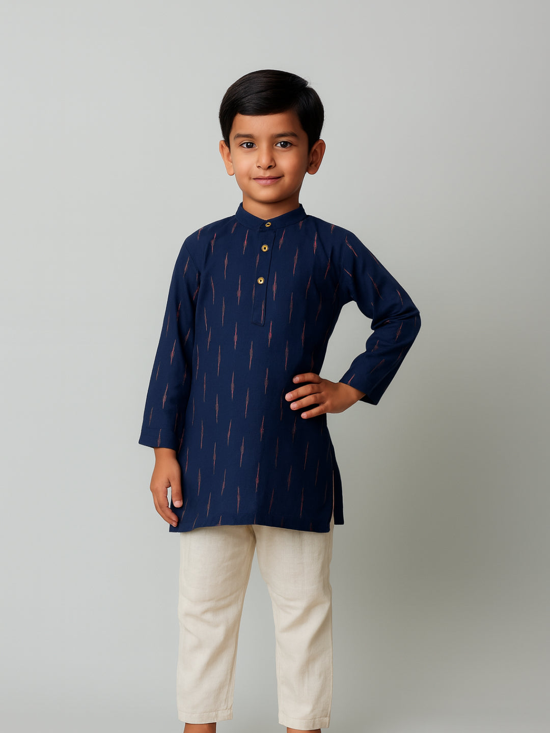 Conjunto de Kurta y Pijama para Niño con Cuello Mandarín Estampado y Manga Larga de Biglilpeople