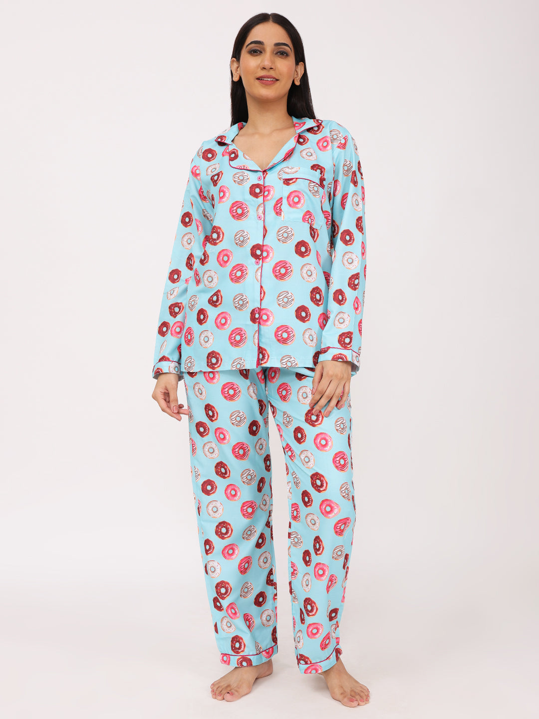 Biglilpeople Women's Donut Motifs Long Sleeves Shirt & Pyjama Set
