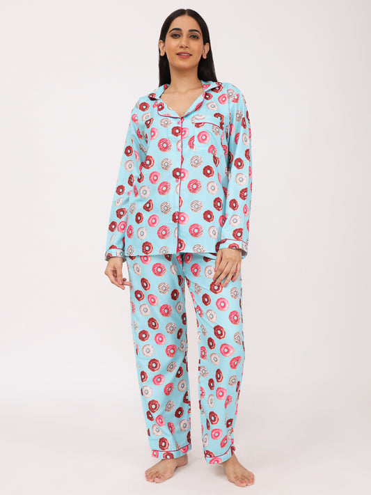 Biglilpeople Women's Donut Motifs Long Sleeves Shirt & Pyjama Set