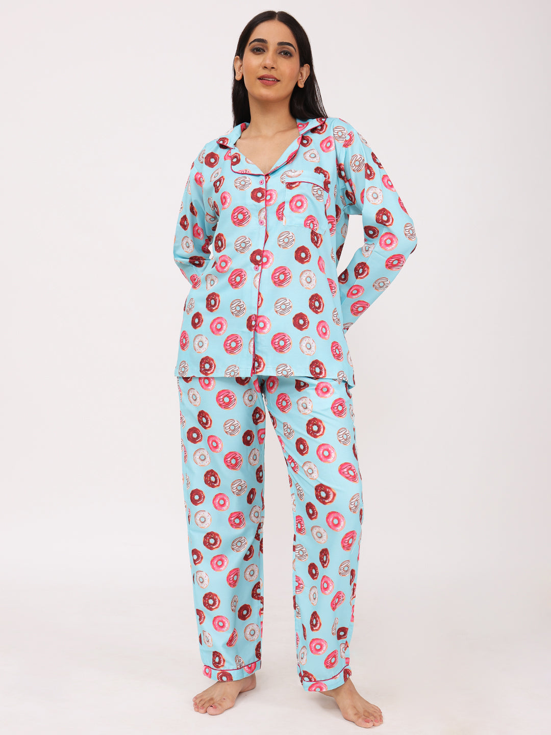 Biglilpeople Women's Donut Motifs Long Sleeves Shirt & Pyjama Set
