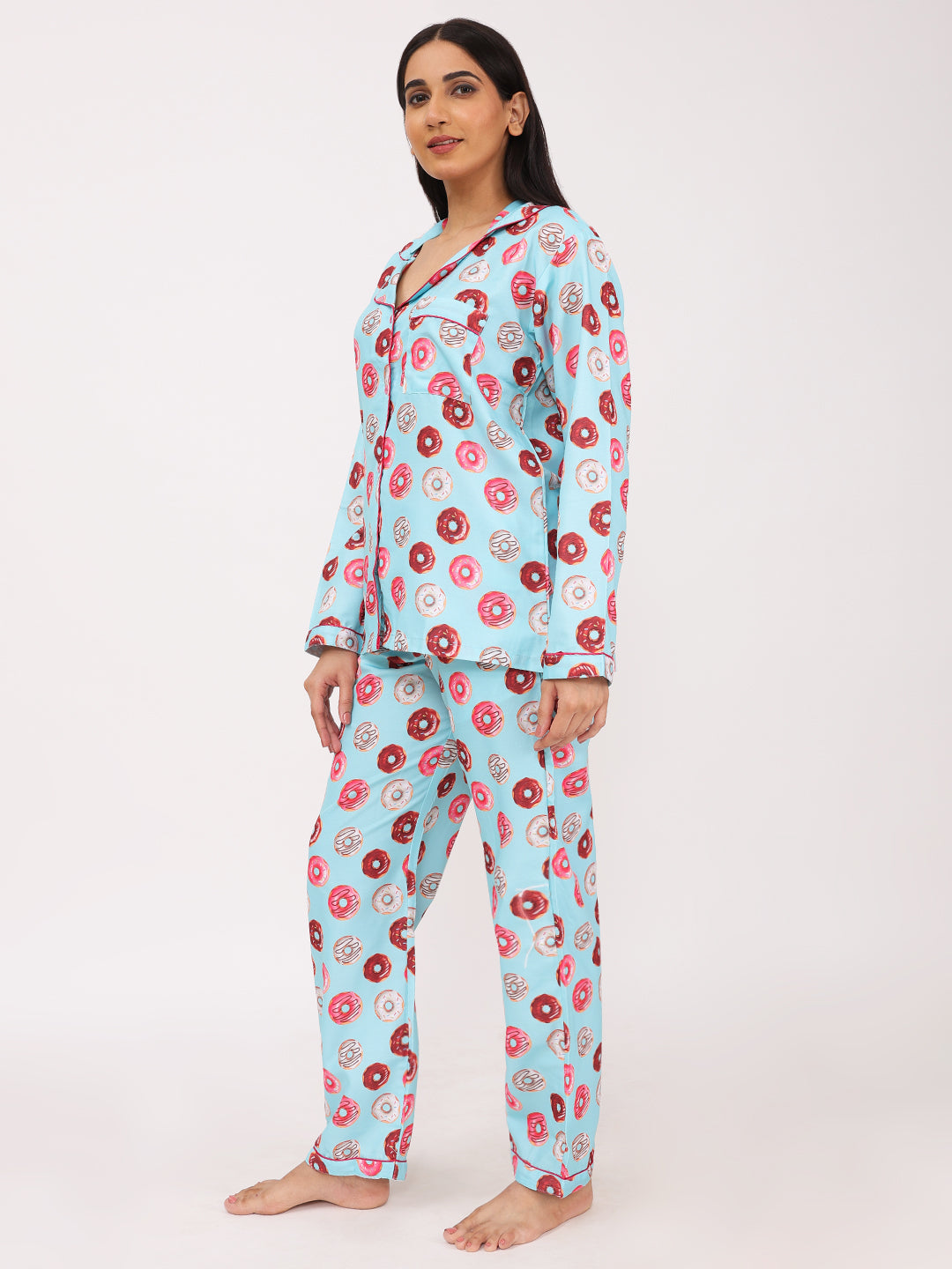 Biglilpeople Women's Donut Motifs Long Sleeves Shirt & Pyjama Set