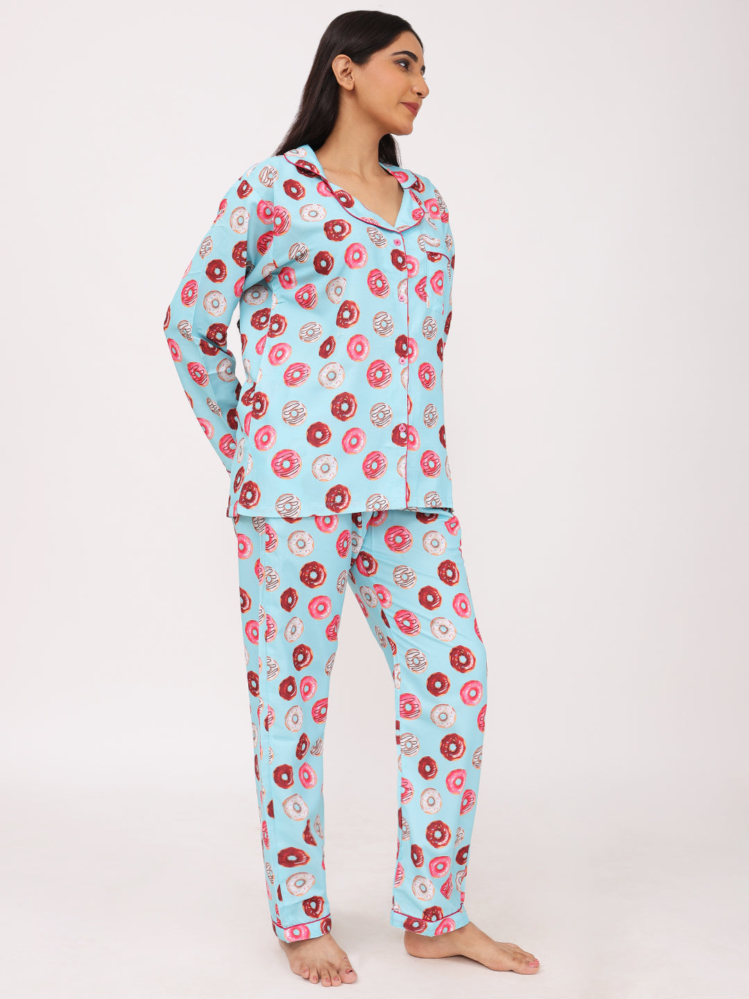 Biglilpeople Women's Donut Motifs Long Sleeves Shirt & Pyjama Set