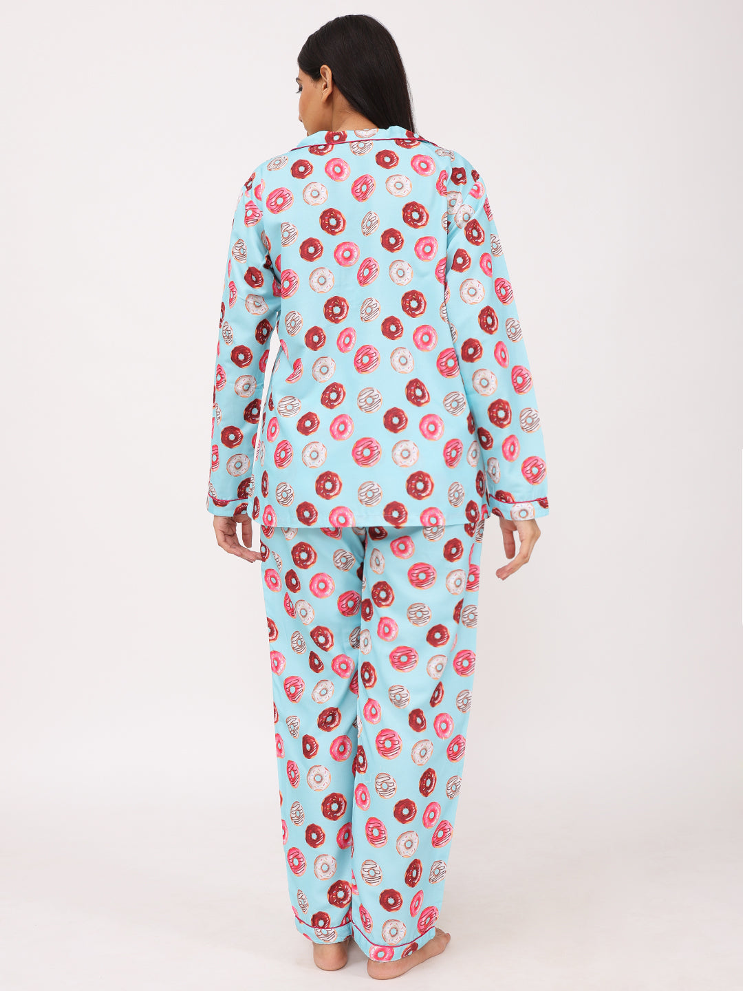 Biglilpeople Women's Donut Motifs Long Sleeves Shirt & Pyjama Set