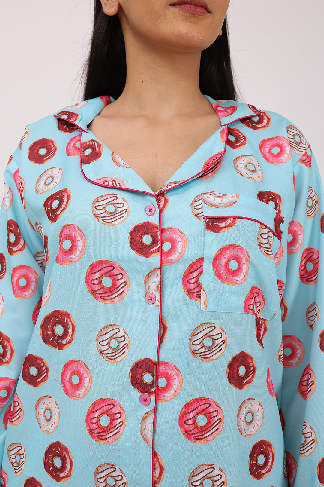 Biglilpeople Women's Donut Motifs Long Sleeves Shirt & Pyjama Set