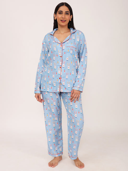 Biglilpeople Women's Rabbit & Carrot Motif Print Long Sleeves Shirt & Pyjama Set