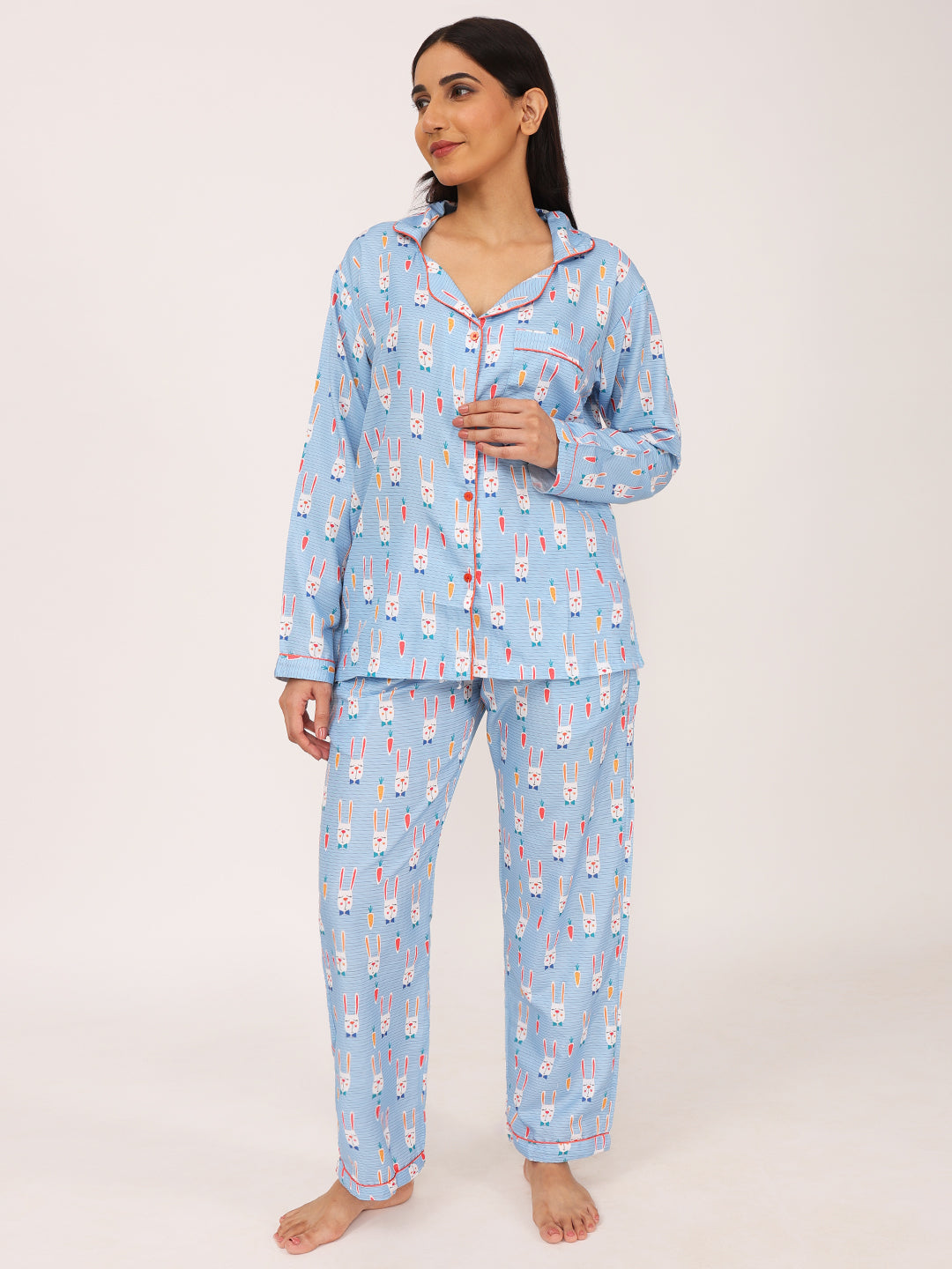 Biglilpeople Women's Rabbit & Carrot Motif Print Long Sleeves Shirt & Pyjama Set