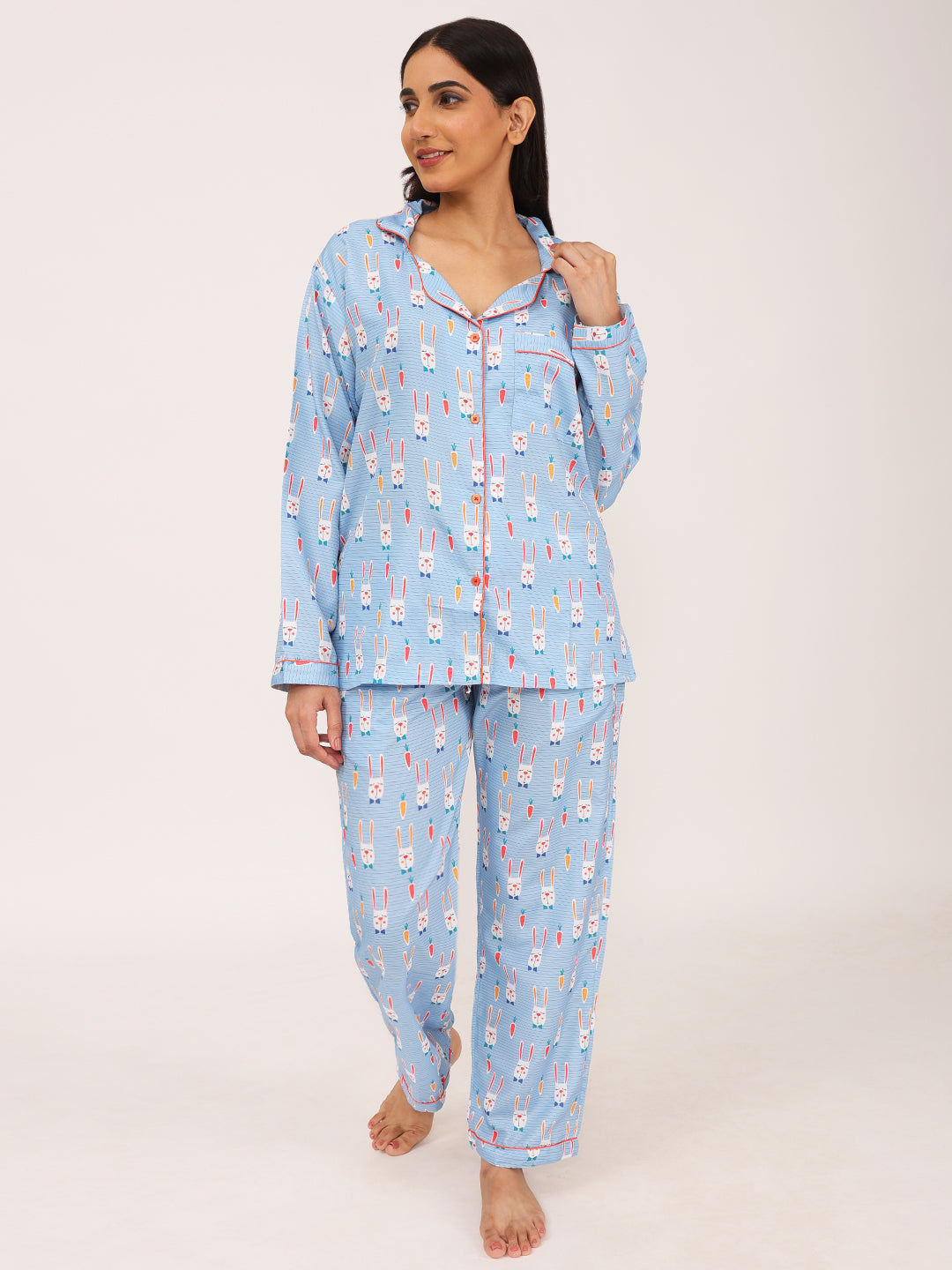 Biglilpeople Women's Rabbit & Carrot Motif Print Long Sleeves Shirt & Pyjama Set