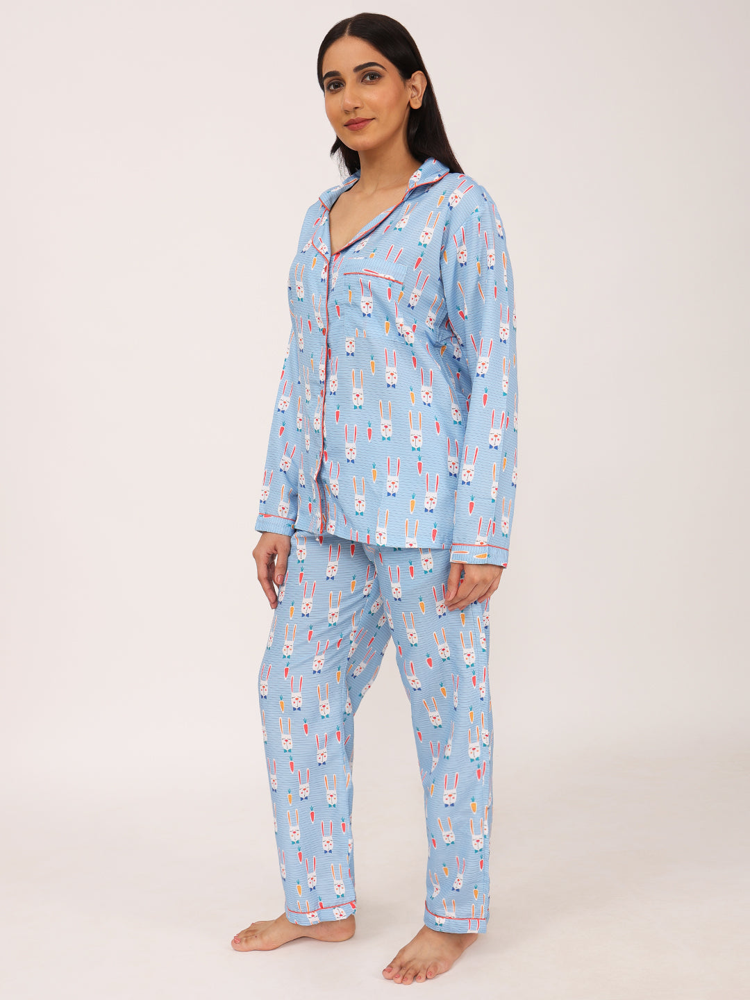 Biglilpeople Women's Rabbit & Carrot Motif Print Long Sleeves Shirt & Pyjama Set