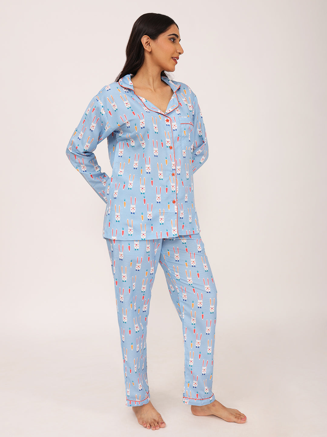 Biglilpeople Women's Rabbit & Carrot Motif Print Long Sleeves Shirt & Pyjama Set