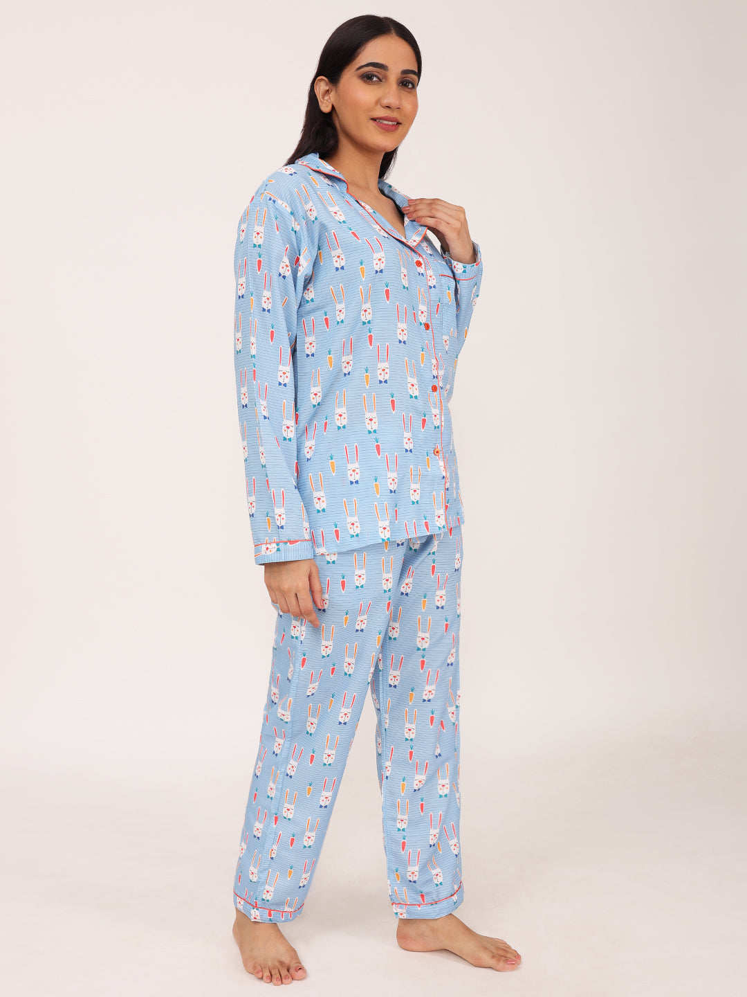 Biglilpeople Women's Rabbit & Carrot Motif Print Long Sleeves Shirt & Pyjama Set