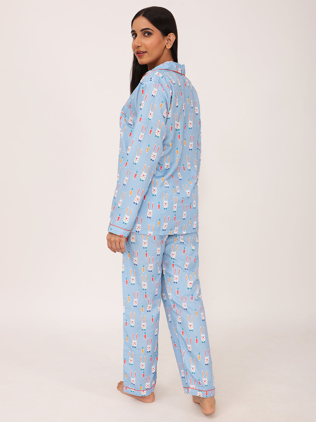 Biglilpeople Women's Rabbit & Carrot Motif Print Long Sleeves Shirt & Pyjama Set