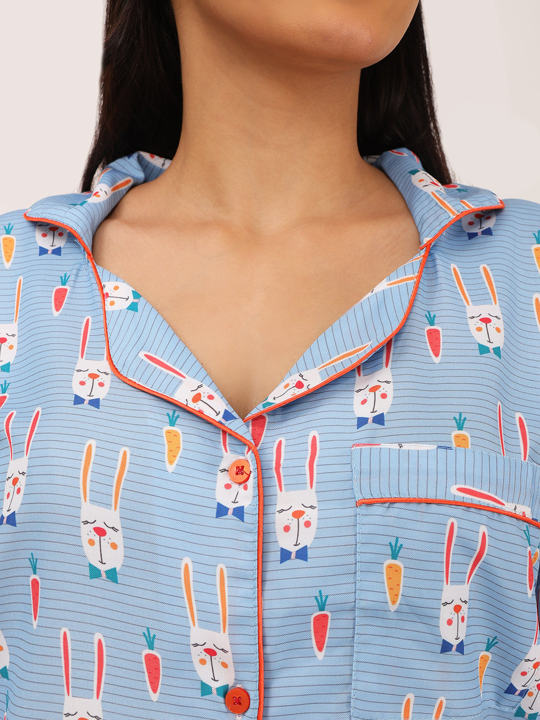 Biglilpeople Women's Rabbit & Carrot Motif Print Long Sleeves Shirt & Pyjama Set