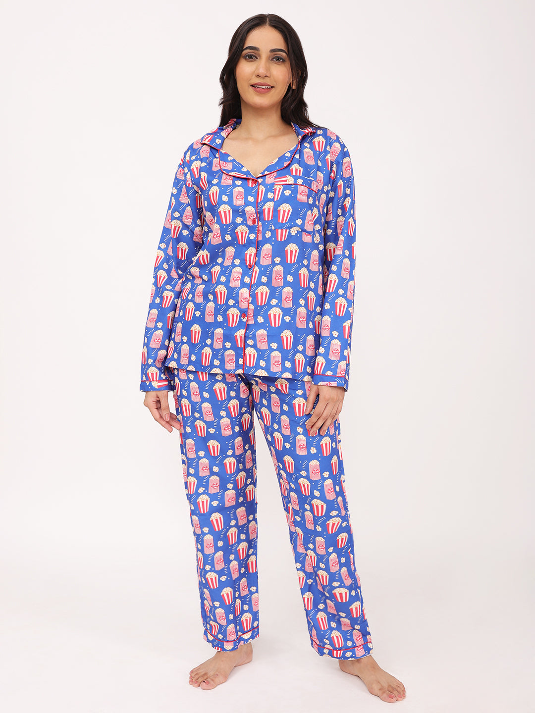 Biglilpeople Women's Popcorn Print Long Sleeves Shirt & Pyjama Set