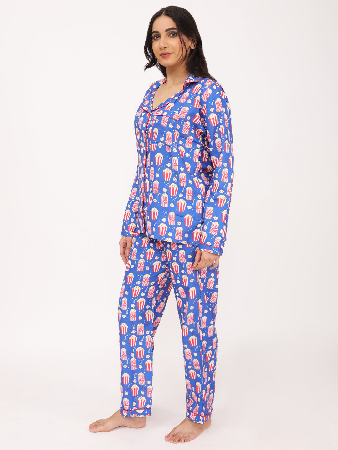 Biglilpeople Women's Popcorn Print Long Sleeves Shirt & Pyjama Set